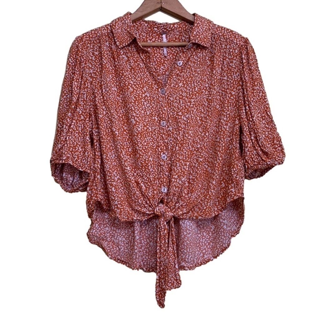 Free People Rust Celia Ditsy Viscose Floral Tie Front Shortsleeve Button Top S - Picture 3 of 17